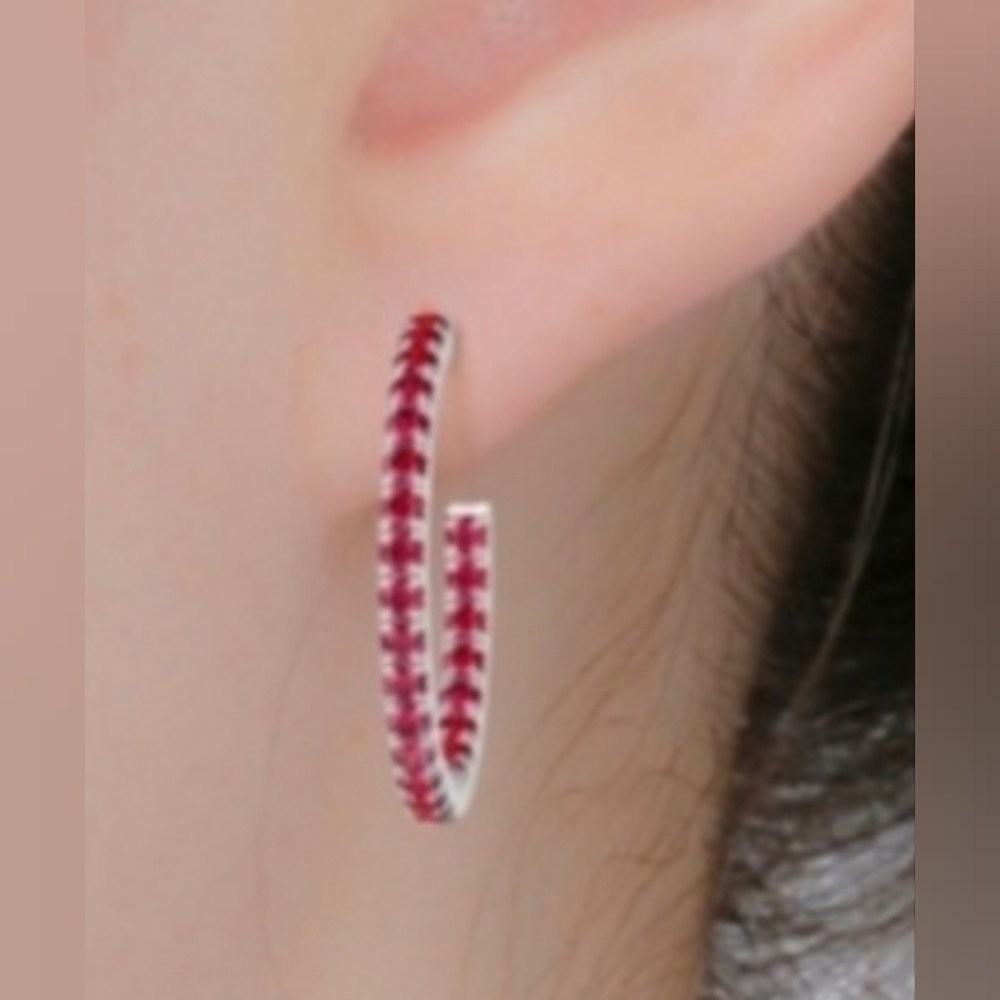 Sterling And? Ruby Or Garnet Sparkly Inside Outside Hoops Vintage